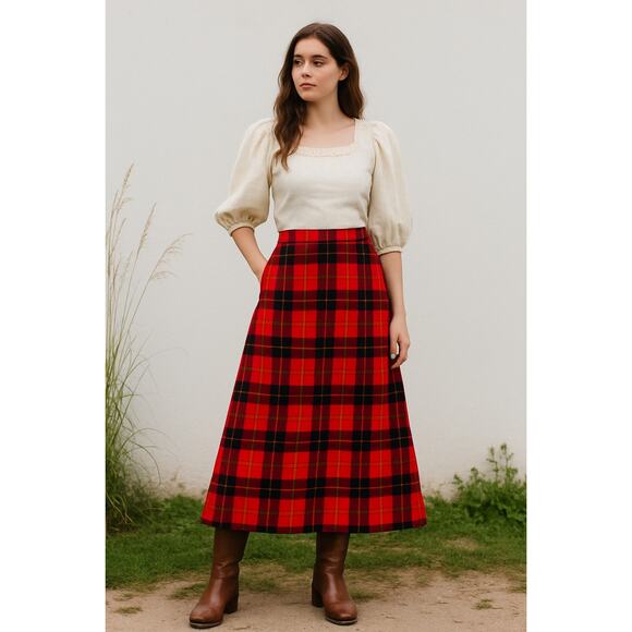 Vintage Pendleton Red Tartan Plaid Wool Maxi Skirt Red 1980s A-Line Size 14 - Picture 1 of 7